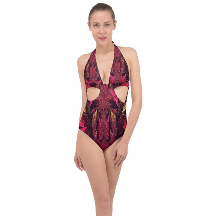 Gorgeous burgundy Native watercolors by kiekie strickland Halter Front Plunge Swimsuit
