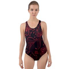 Seamless Dark Burgundy Red Seamless Tiny Florals Cut-out Back One Piece Swimsuit by flipstylezfashionsLLC