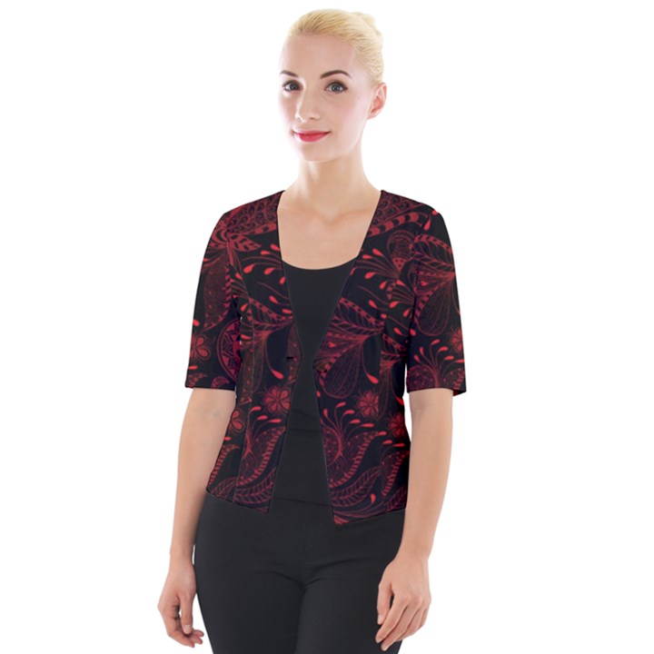 Seamless Dark Burgundy Red seamless tiny florals Cropped Button Cardigan