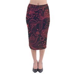Seamless Dark Burgundy Red Seamless Tiny Florals Velvet Midi Pencil Skirt