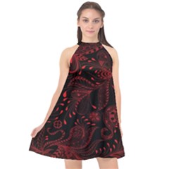 Seamless Dark Burgundy Red Seamless Tiny Florals Halter Neckline Chiffon Dress  by flipstylezfashionsLLC