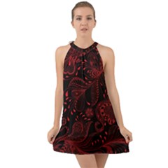 Seamless Dark Burgundy Red Seamless Tiny Florals Halter Tie Back Chiffon Dress