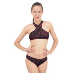 Seamless Dark Burgundy Red Seamless Tiny Florals High Neck Bikini Set