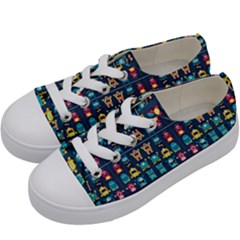 Funny Monsters In Blue Background Kids  Low Top Canvas Sneakers