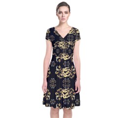 Golden Flowers On Black With Tiny Gold Dragons Created By Kiekie Strickland Short Sleeve Front Wrap Dress