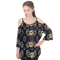 Golden Flowers On Black With Tiny Gold Dragons Created By Kiekie Strickland Flutter Tees