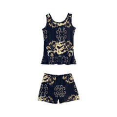 Golden Flowers On Black With Tiny Gold Dragons Created By Kiekie Strickland Kid s Boyleg Swimsuit
