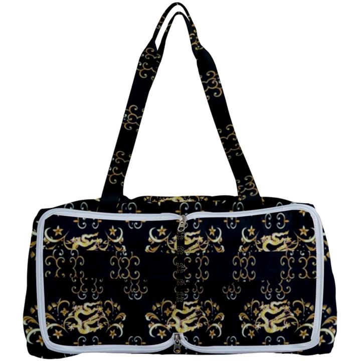 golden flowers on black with tiny gold dragons created by Kiekie Strickland Multi Function Bag	