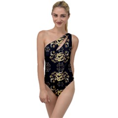 Golden Flowers On Black With Tiny Gold Dragons Created By Kiekie Strickland To One Side Swimsuit by flipstylezfashionsLLC