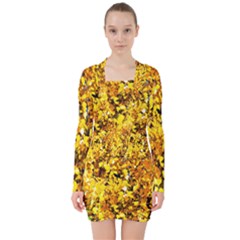 Birch Tree Yellow Leaves V-neck Bodycon Long Sleeve Dress by FunnyCow
