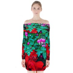 Bleeding Heart Flowers Long Sleeve Off Shoulder Dress by FunnyCow