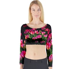 Pink Tulips Dark Background Long Sleeve Crop Top by FunnyCow