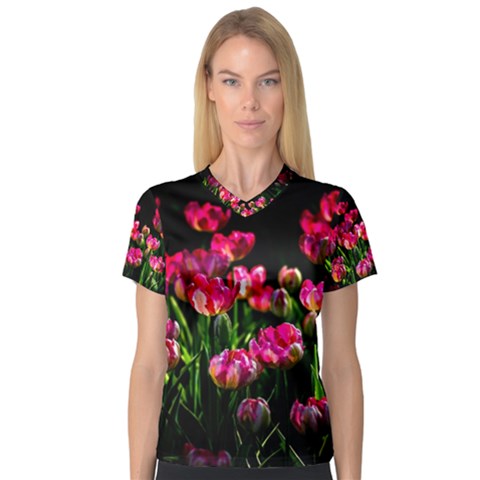 Pink Tulips Dark Background V-neck Sport Mesh Tee by FunnyCow
