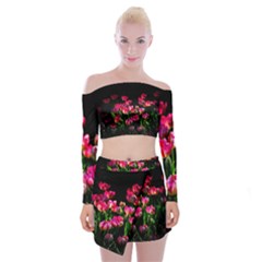 Pink Tulips Dark Background Off Shoulder Top With Mini Skirt Set by FunnyCow