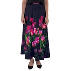 Pink Tulips Dark Background Flared Maxi Skirt by FunnyCow