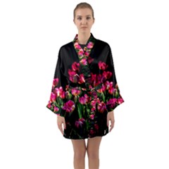 Pink Tulips Dark Background Long Sleeve Kimono Robe by FunnyCow