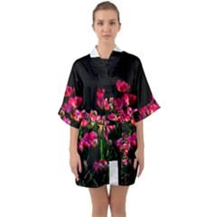 Pink Tulips Dark Background Quarter Sleeve Kimono Robe by FunnyCow