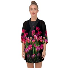 Pink Tulips Dark Background Half Sleeve Chiffon Kimono by FunnyCow