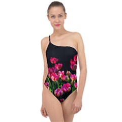 Pink Tulips Dark Background Classic One Shoulder Swimsuit by FunnyCow