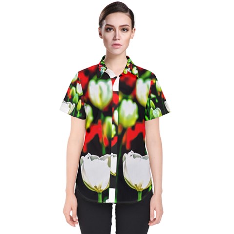 White And Red Sunlit Tulips Women s Short Sleeve Shirt by FunnyCow