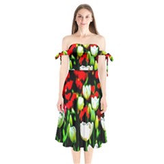 White And Red Sunlit Tulips Shoulder Tie Bardot Midi Dress by FunnyCow