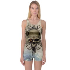 Awesome Creepy Skull With  Wings One Piece Boyleg Swimsuit by FantasyWorld7