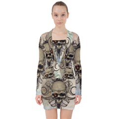 Awesome Creepy Skull With  Wings V-neck Bodycon Long Sleeve Dress by FantasyWorld7