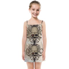 Awesome Creepy Skull With  Wings Kids Summer Sun Dress by FantasyWorld7