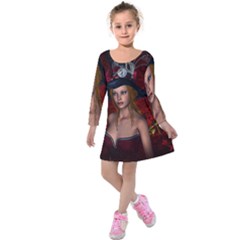 Beautiful Fantasy Women With Floral Elements Kids  Long Sleeve Velvet Dress by FantasyWorld7