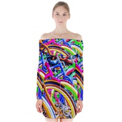 Colorful Bicycles In A Row Long Sleeve Off Shoulder Dress by FunnyCow