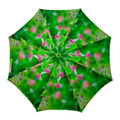 Green Birch Leaves, Pink Flowers Golf Umbrellas by FunnyCow