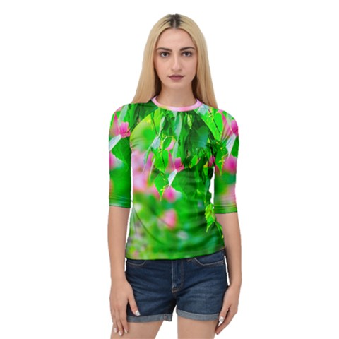 Green Birch Leaves, Pink Flowers Quarter Sleeve Raglan Tee by FunnyCow