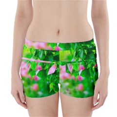 Green Birch Leaves, Pink Flowers Boyleg Bikini Wrap Bottoms by FunnyCow