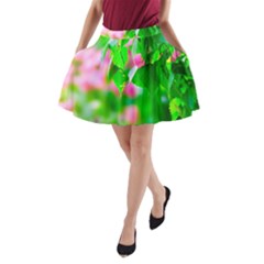 Green Birch Leaves, Pink Flowers A-line Pocket Skirt by FunnyCow