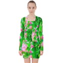Green Birch Leaves, Pink Flowers V-neck Bodycon Long Sleeve Dress View1