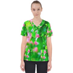 Green Birch Leaves, Pink Flowers Scrub Top by FunnyCow