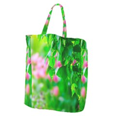 Green Birch Leaves, Pink Flowers Giant Grocery Tote by FunnyCow