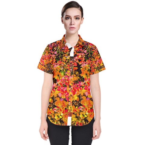 Orange, Yellow Cotoneaster Leaves In Autumn Women s Short Sleeve Shirt by FunnyCow