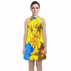 Yellow Maple Leaves Velvet Halter Neckline Dress  by FunnyCow