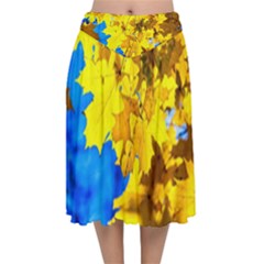 Yellow Maple Leaves Velvet Flared Midi Skirt by FunnyCow