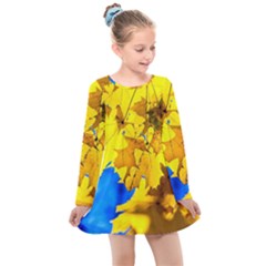 Yellow Maple Leaves Kids  Long Sleeve Dress by FunnyCow