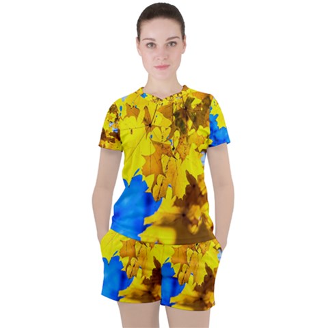 Yellow Maple Leaves Women s Tee And Shorts Set by FunnyCow