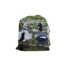 Muscovy Ducks At The Pond Drawstring Pouches (medium)  by IIPhotographyAndDesigns