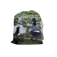 Muscovy Ducks At The Pond Drawstring Pouches (large)  by IIPhotographyAndDesigns