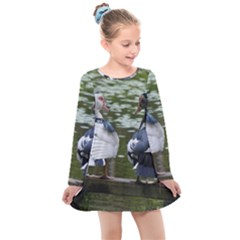 Muscovy Ducks At The Pond Kids  Long Sleeve Dress by IIPhotographyAndDesigns