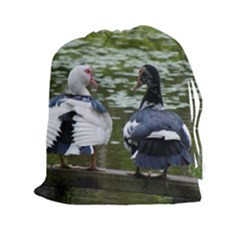 Muscovy Ducks At The Pond Drawstring Pouches (xxl) by IIPhotographyAndDesigns