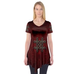 Decorative Celtic Knot On Dark Vintage Background Short Sleeve Tunic  by FantasyWorld7