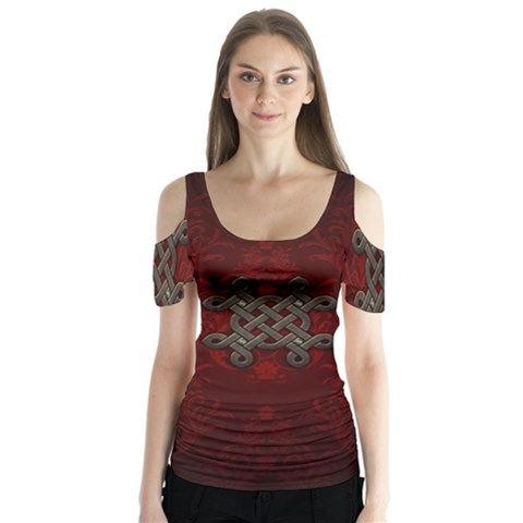 Decorative Celtic Knot On Dark Vintage Background Butterfly Sleeve Cutout Tee  by FantasyWorld7