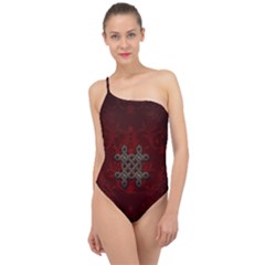 Decorative Celtic Knot On Dark Vintage Background Classic One Shoulder Swimsuit by FantasyWorld7