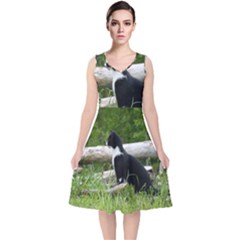 Farm Cat V-neck Midi Sleeveless Dress 
